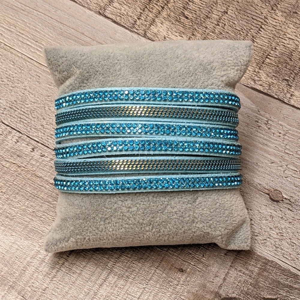 B15 Aqua Turquoise Rhinestone Wrap Bracelet with Crystals Multi Layer Boho Bling